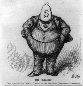 Boss Tweed with money bag for a head to show his greed